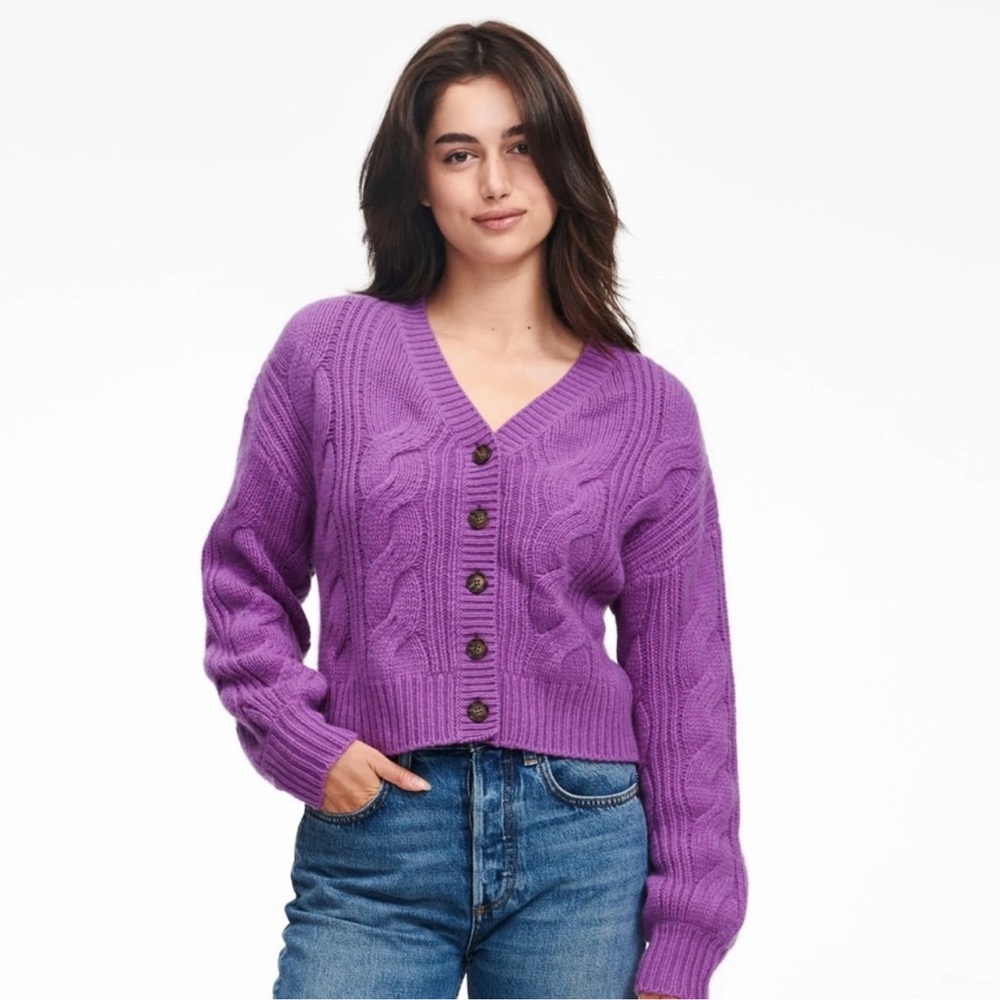 NAADAM Purple Wool Cashmere Blend Cropped Cable Knit Cardigan Size Small